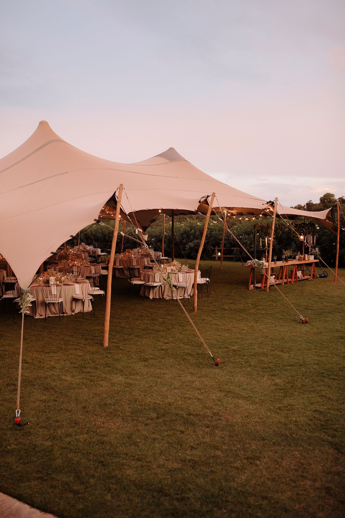 Alquiler de carpa jaima tensada para boda al aire libre con mesas y decoración floral al atardecer